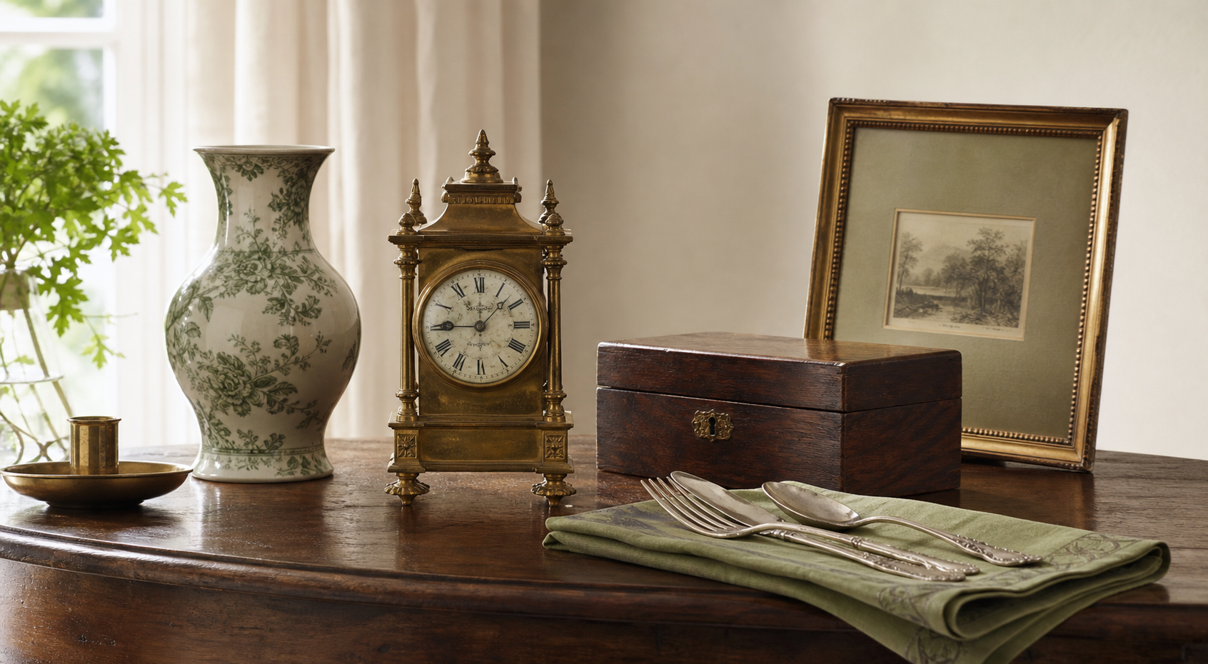 Mesa con reloj antiguo, jarron, caja de madera, cuberteria y cuadro enmarcado